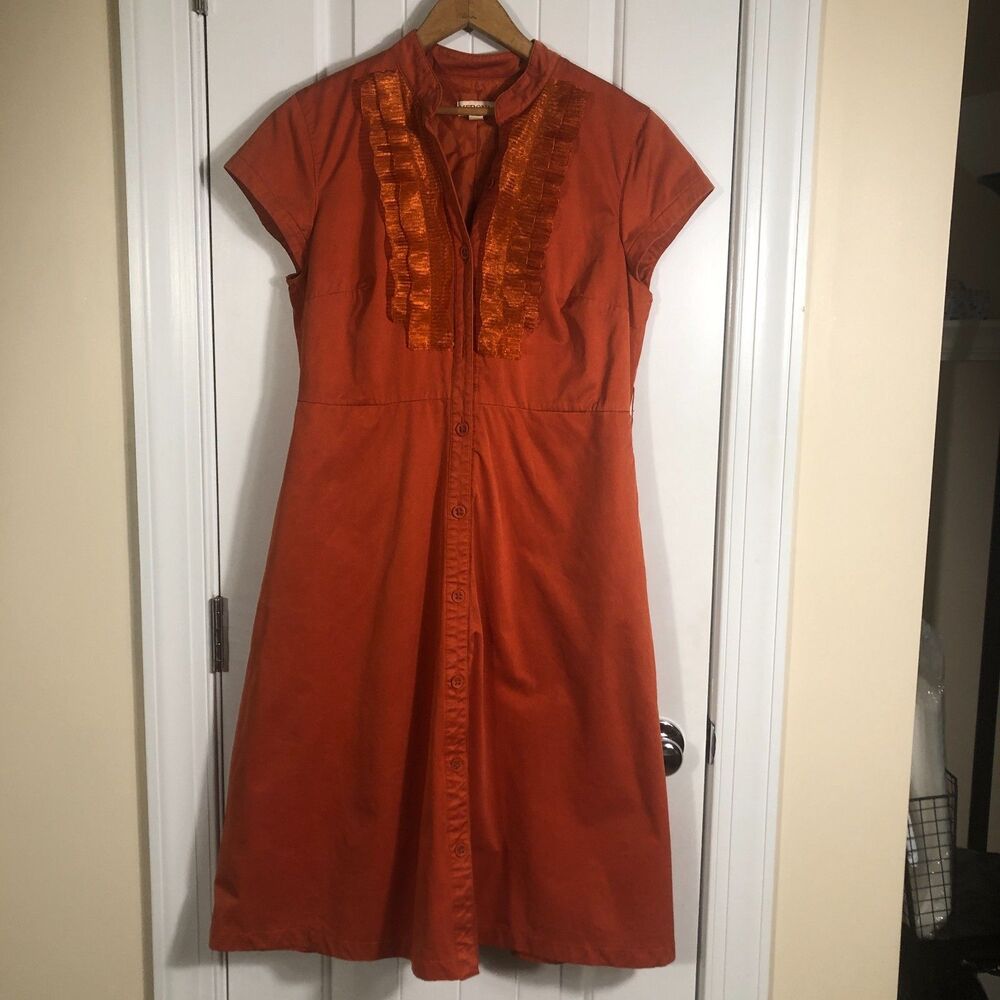Retro Rust Orange Lined Dress‎ Pockets 12 A-Line Midi Dark Academia Cottagecore
